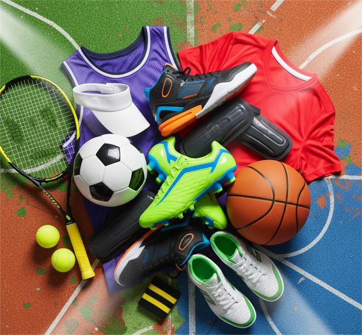 Colorful Sports Gear Flatlay_ Tennis, Soccer, and Basketball Essentials